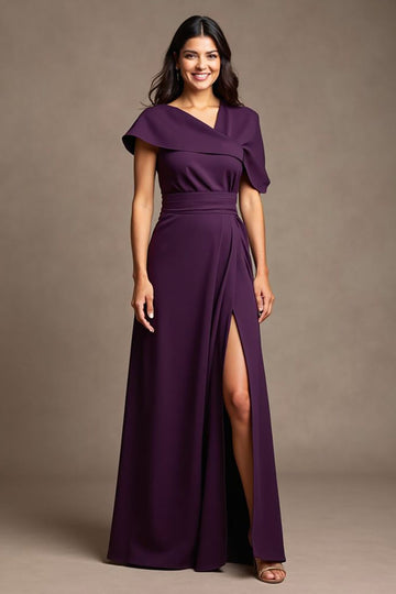 Grape A Line V-Neck Short Sleeves Long Mother Of The Bride Dress With Slit